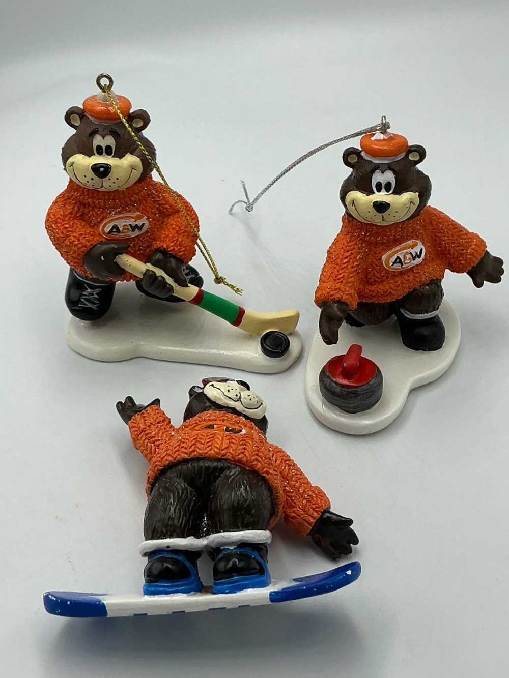 A&W Rooty Bear Winter Sports Holiday Ornaments Lot Figurine Set Of 3